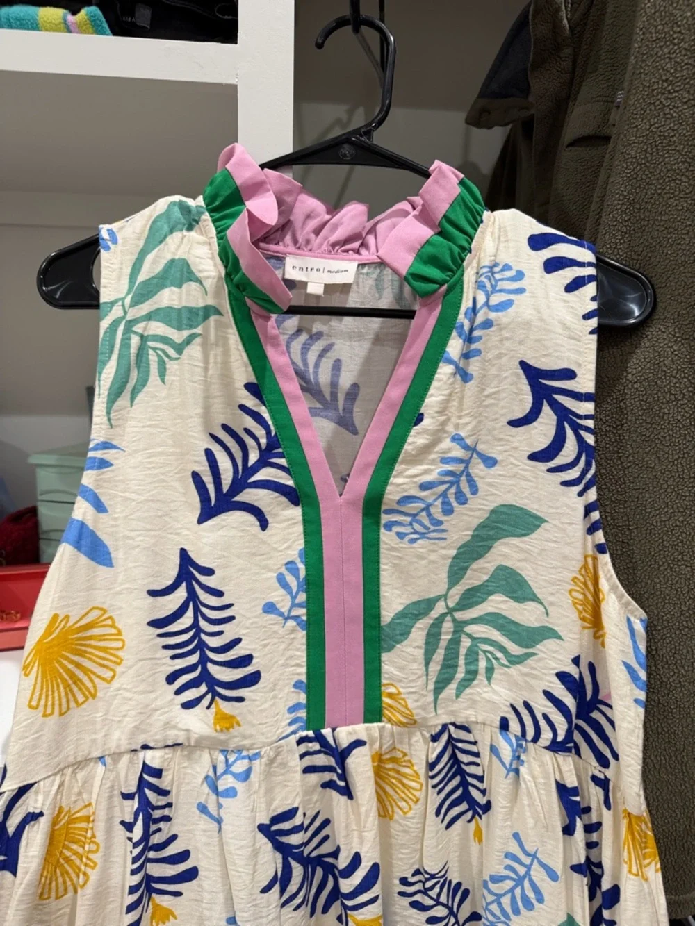 entro Pink and Green Trimmed Floral V-Neck Dress - Picture 2 of 4